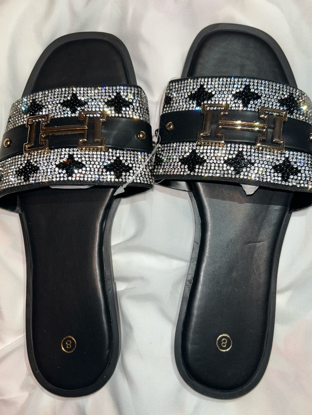 Black Crystal-Studded Slide Sandals with Gold Accent